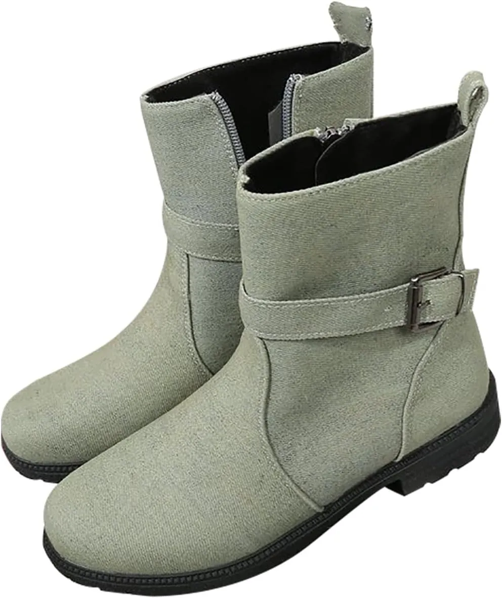 Boots for Women Large Size Ethnic Style Printed Mid Calf Boots Non Slip Chunky Heel Boots Novelty Splicing Boots