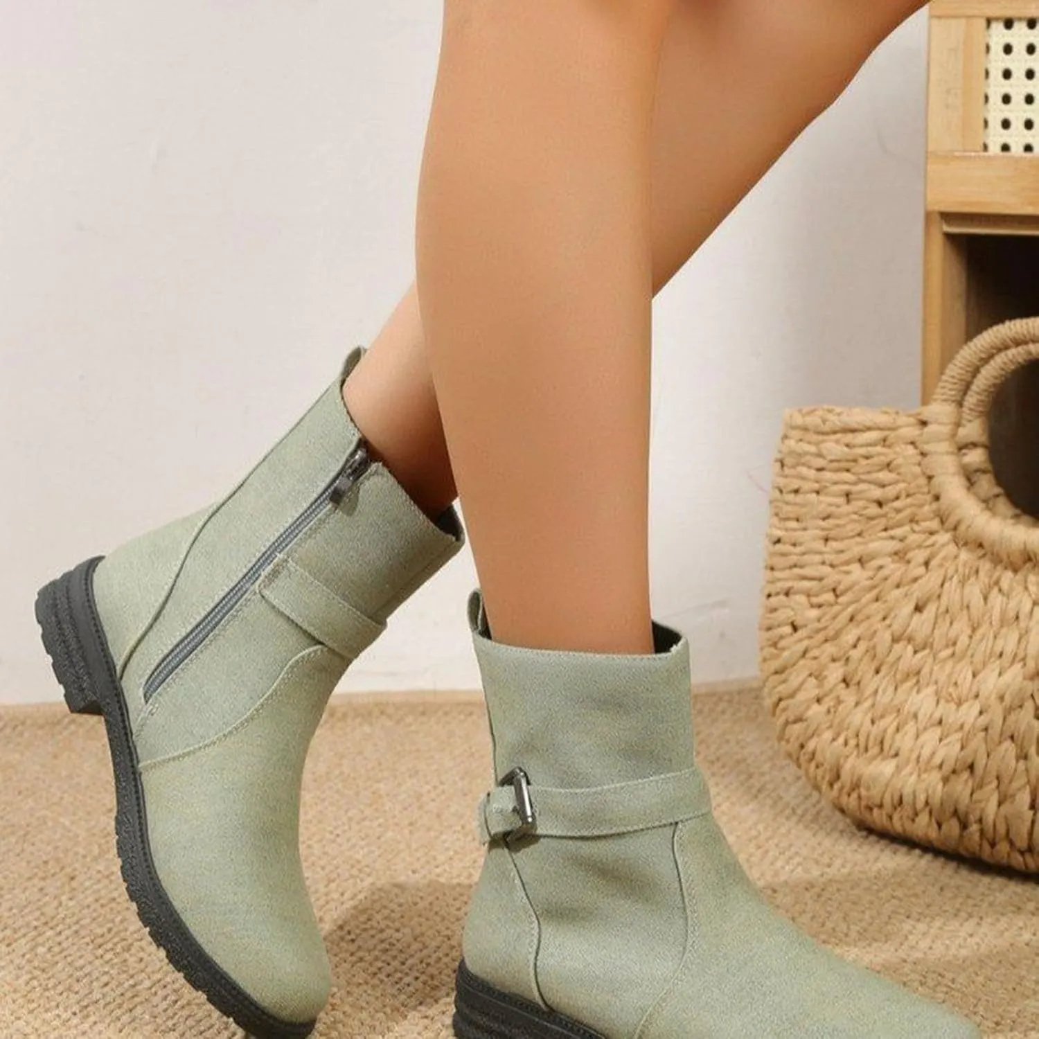 Boots for Women Large Size Ethnic Style Printed Mid Calf Boots Non Slip Chunky Heel Boots Novelty Splicing Boots