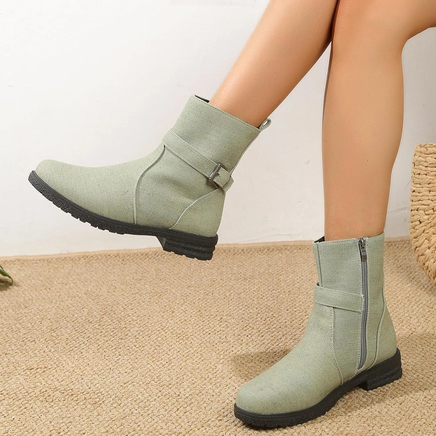 Boots for Women Large Size Ethnic Style Printed Mid Calf Boots Non Slip Chunky Heel Boots Novelty Splicing Boots