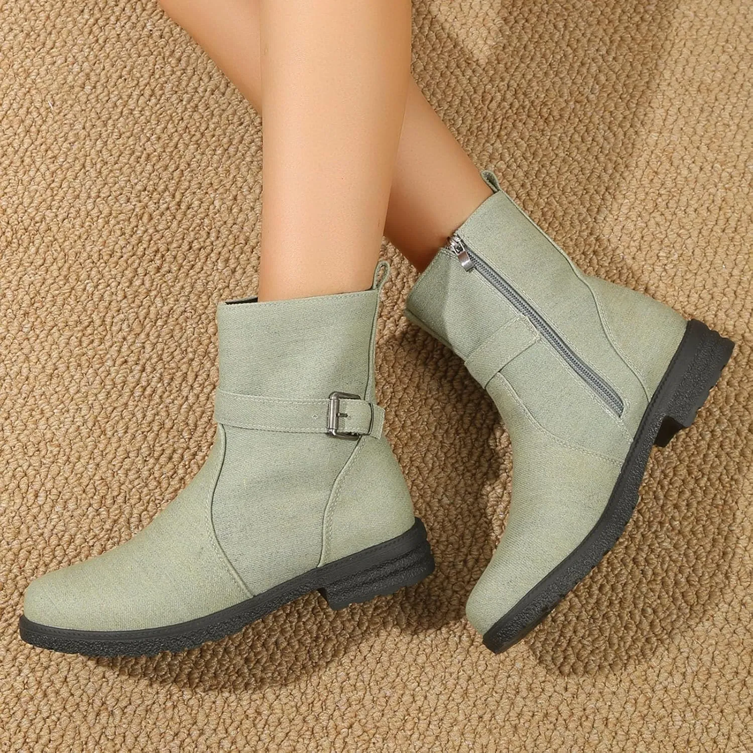 Boots for Women Large Size Ethnic Style Printed Mid Calf Boots Non Slip Chunky Heel Boots Novelty Splicing Boots