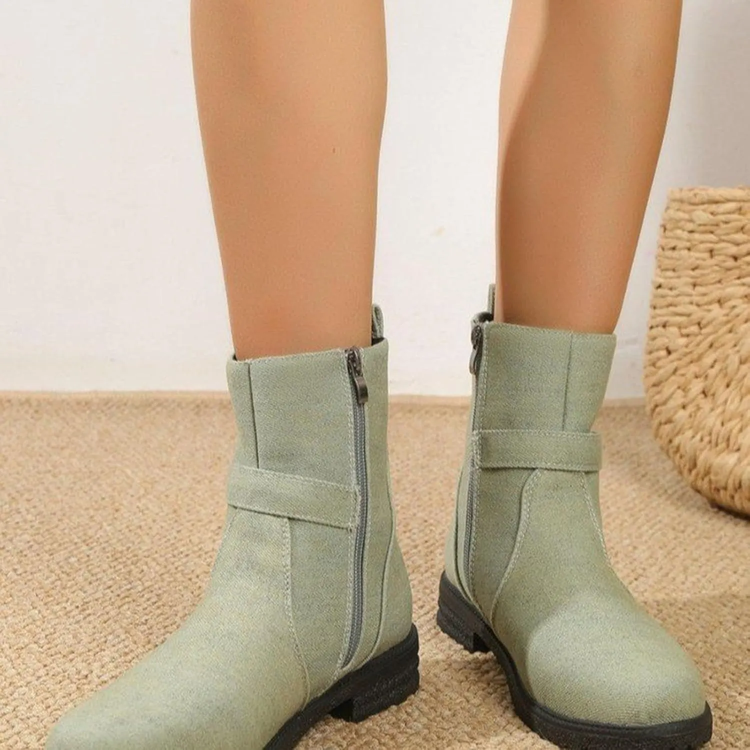 Boots for Women Large Size Ethnic Style Printed Mid Calf Boots Non Slip Chunky Heel Boots Novelty Splicing Boots