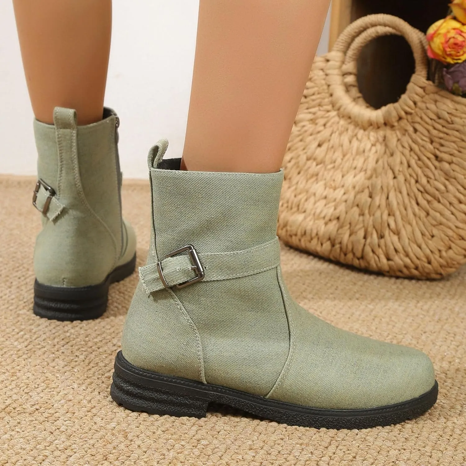 Boots for Women Large Size Ethnic Style Printed Mid Calf Boots Non Slip Chunky Heel Boots Novelty Splicing Boots