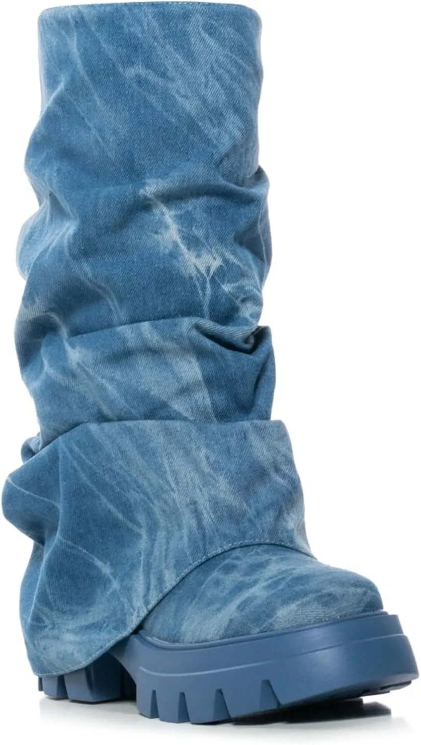 DETOGNI Women's Metallic Mid Calf Pull-On Fit Boots Scrunched Foldover Chunky Platform Sole Rounded Toe Booties