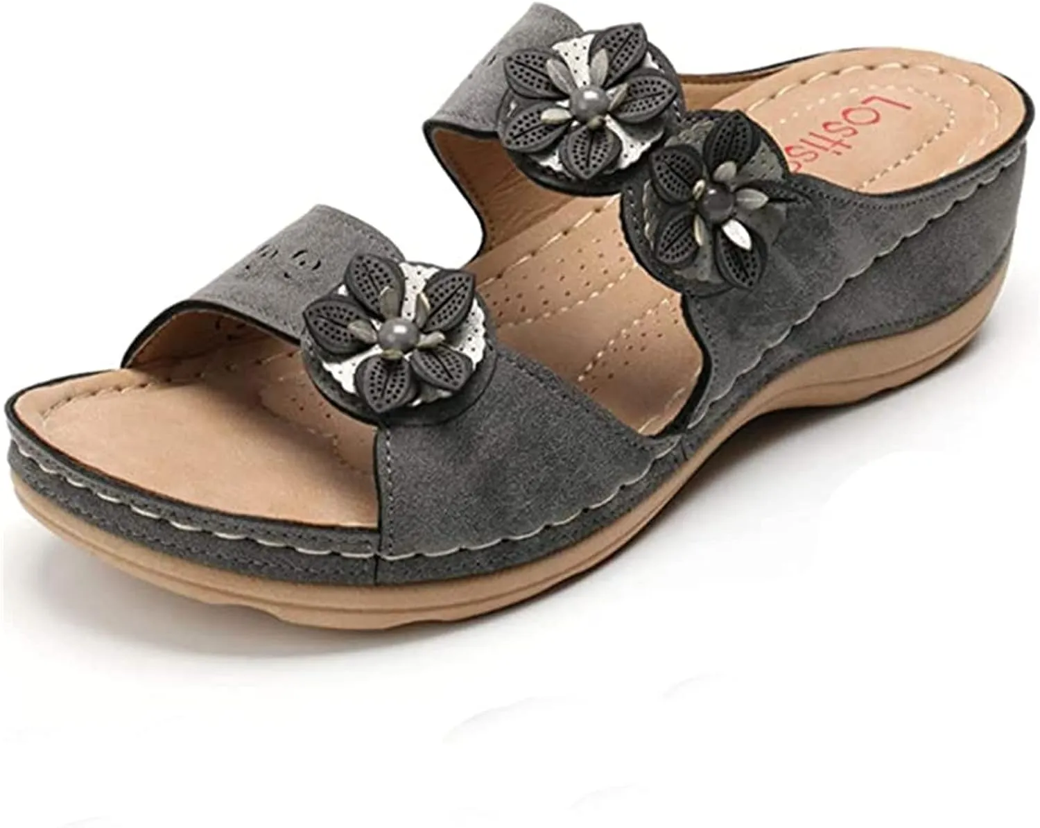 Ladmiple Womens Casual Summer Flower Orthopedic Wedge Flip Flops Arch Support Beach Roman Open Toe Slip On Slipper Shoes
