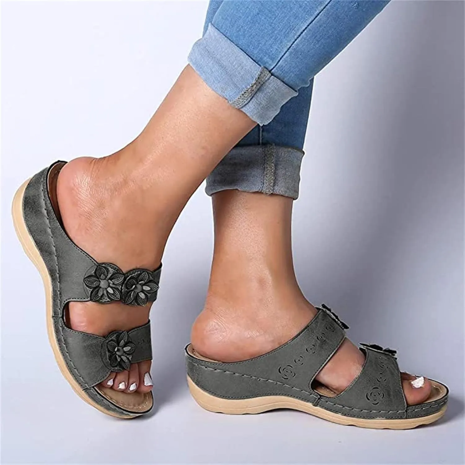 Ladmiple Womens Casual Summer Flower Orthopedic Wedge Flip Flops Arch Support Beach Roman Open Toe Slip On Slipper Shoes