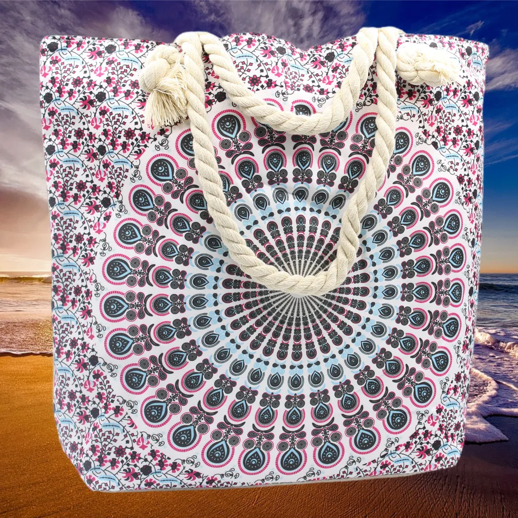 Large Beach Bag - Rope Handled Mandela Shopper Bag - Blue Shades