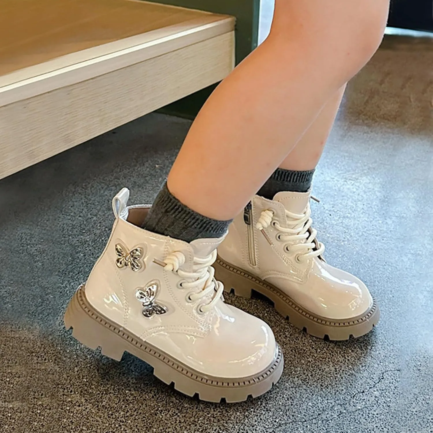 Little Girls Lace-Up Cute Sweet Leather Ankle Boots with Butterfly Wing Side Zipper Fashion Outdoor Dress Shoes