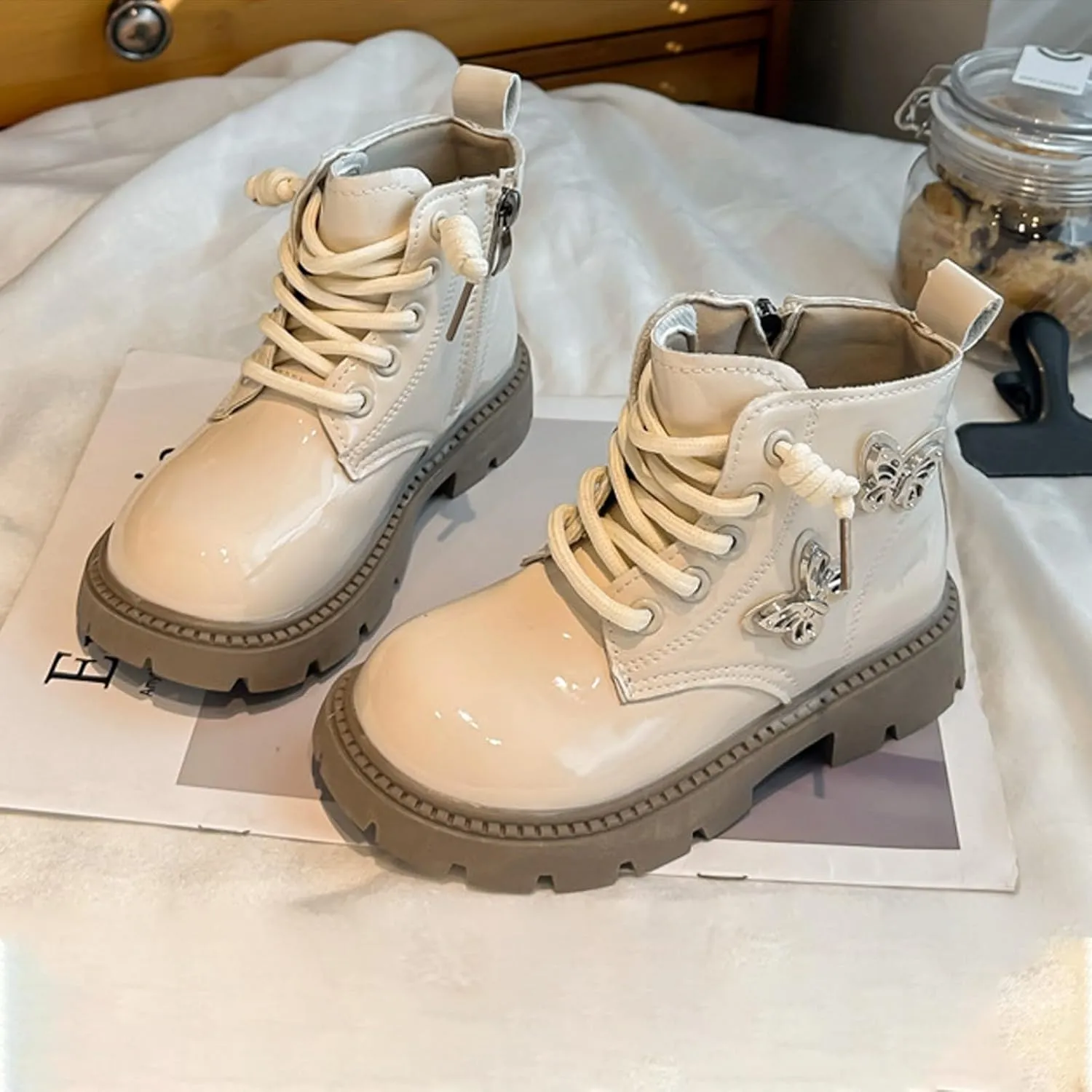 Little Girls Lace-Up Cute Sweet Leather Ankle Boots with Butterfly Wing Side Zipper Fashion Outdoor Dress Shoes