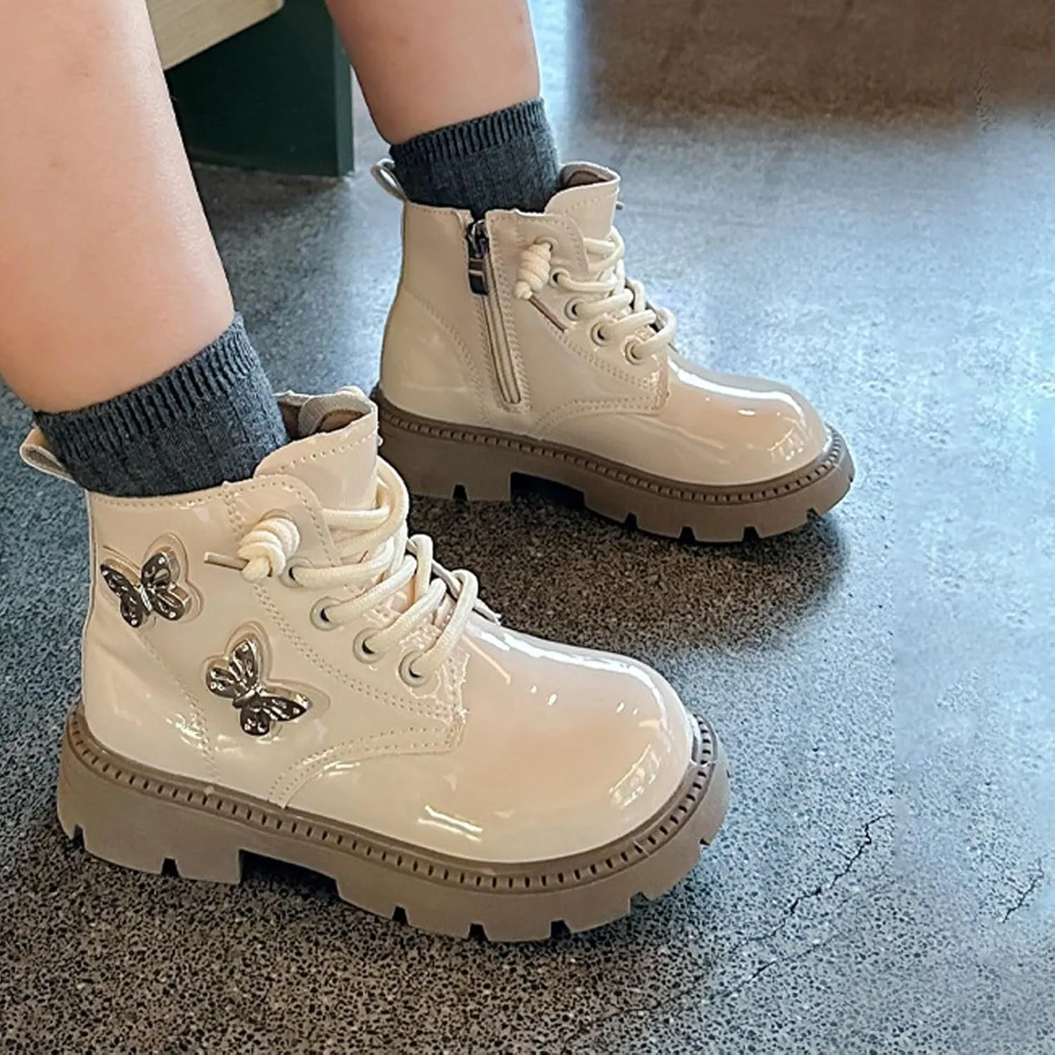 Little Girls Lace-Up Cute Sweet Leather Ankle Boots with Butterfly Wing Side Zipper Fashion Outdoor Dress Shoes
