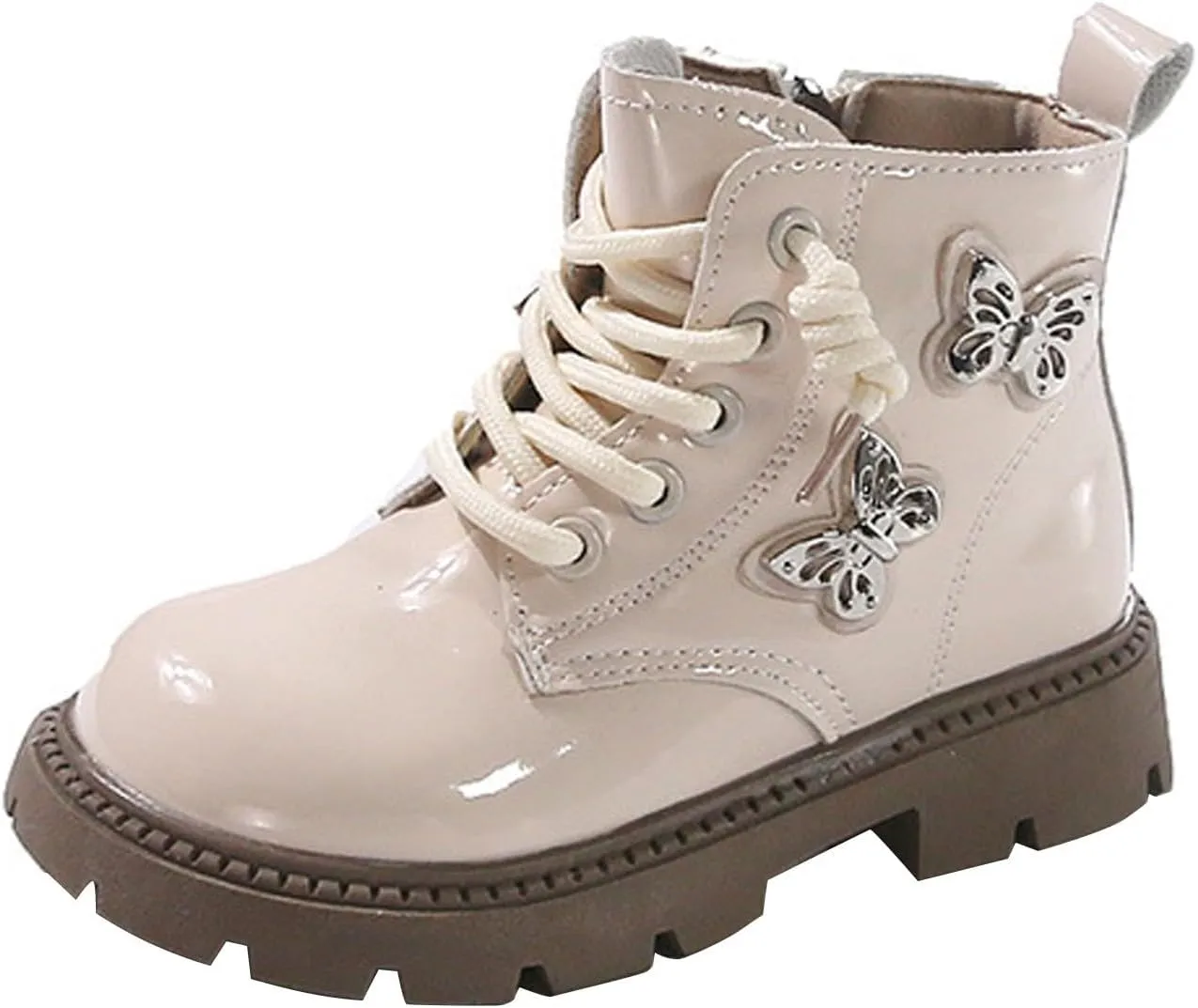 Little Girls Lace-Up Cute Sweet Leather Ankle Boots with Butterfly Wing Side Zipper Fashion Outdoor Dress Shoes