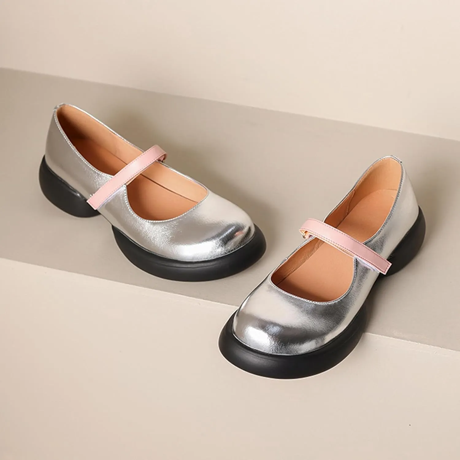 Mary Jane Platform Shoes for Women,Silver Round Toe Slip on Ankle Strap Platform Pumps Shoes,Comfortable School Uniform Daily Dress Sweet Lolita Shoes