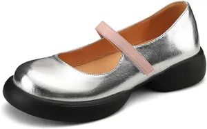 Mary Jane Platform Shoes for Women,Silver Round Toe Slip on Ankle Strap Platform Pumps Shoes,Comfortable School Uniform Daily Dress Sweet Lolita Shoes