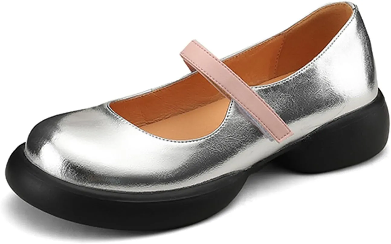 Mary Jane Platform Shoes for Women,Silver Round Toe Slip on Ankle Strap Platform Pumps Shoes,Comfortable School Uniform Daily Dress Sweet Lolita Shoes