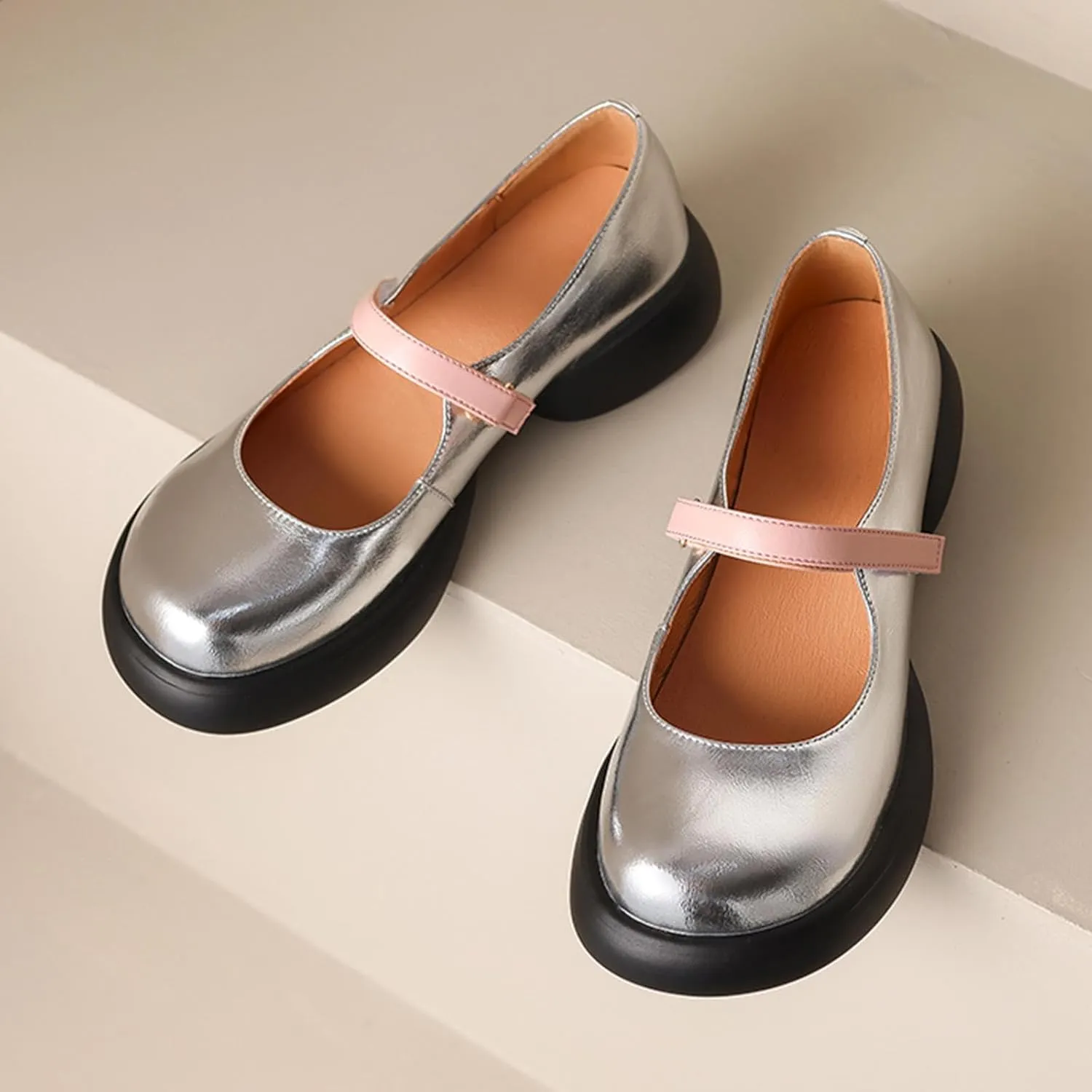 Mary Jane Platform Shoes for Women,Silver Round Toe Slip on Ankle Strap Platform Pumps Shoes,Comfortable School Uniform Daily Dress Sweet Lolita Shoes