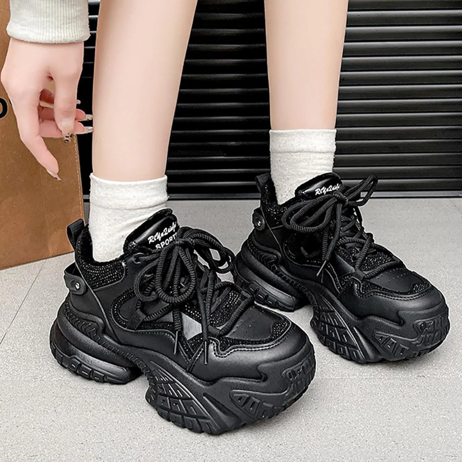 Womens Fashion Lace-Up Leather Chunky Sneakers Platform Round Toe Non-Slip Casual Sport Shoes for Walking Workout Driving