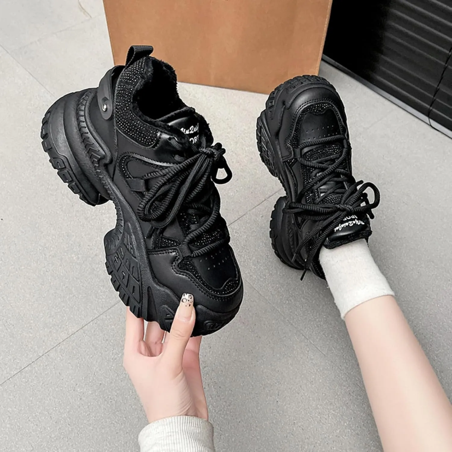 Womens Fashion Lace-Up Leather Chunky Sneakers Platform Round Toe Non-Slip Casual Sport Shoes for Walking Workout Driving