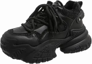 Womens Fashion Lace-Up Leather Chunky Sneakers Platform Round Toe Non-Slip Casual Sport Shoes for Walking Workout Driving