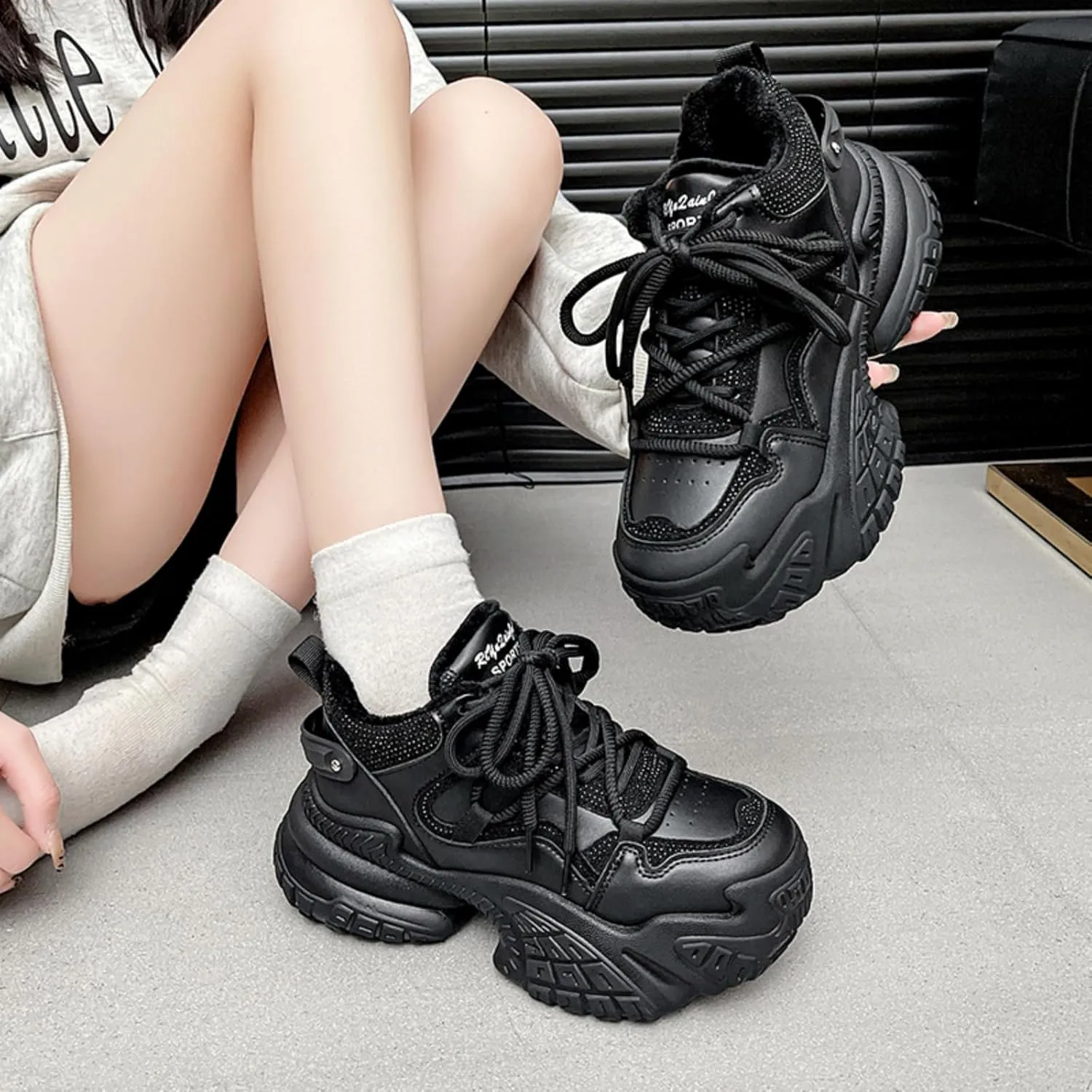 Womens Fashion Lace-Up Leather Chunky Sneakers Platform Round Toe Non-Slip Casual Sport Shoes for Walking Workout Driving