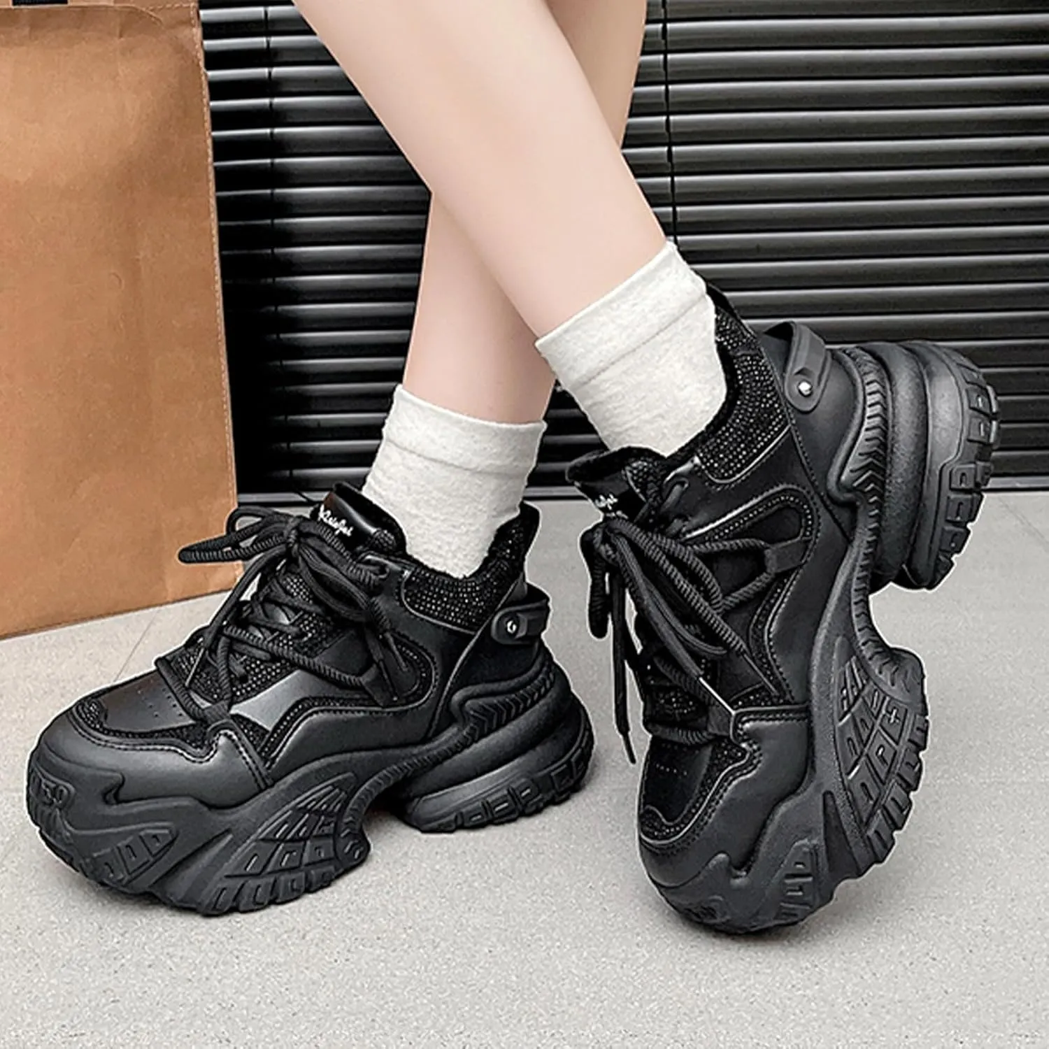 Womens Fashion Lace-Up Leather Chunky Sneakers Platform Round Toe Non-Slip Casual Sport Shoes for Walking Workout Driving